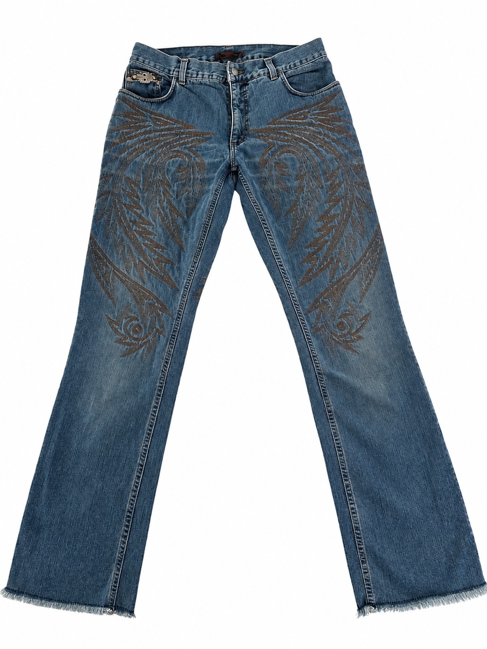 Roberto Cavalli Blue Denim Bootcut Jeans with Embroidered Wing Motif